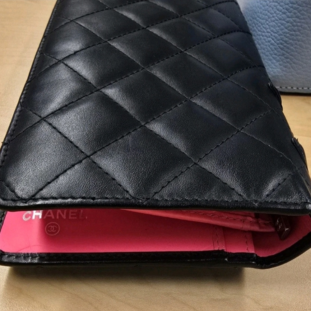 Chanel Black And PINK Quilted Leather Bifold Wallet Large